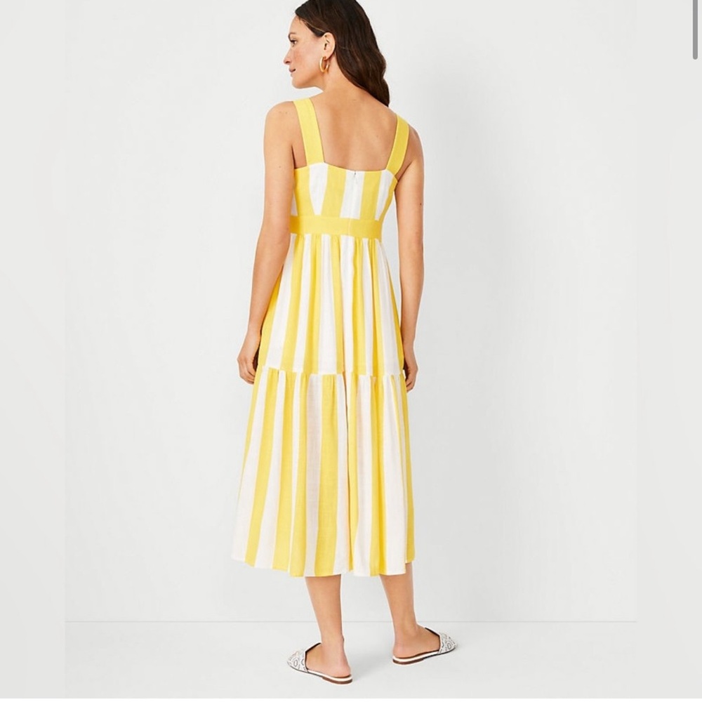 Ann Taylor Linen Dress Sz 6 Striped Yellow White Square Neck Midi Nautical - Picture 2 of 9